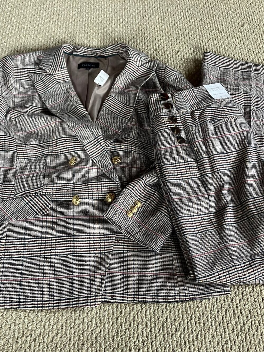 NWT Talbots 14 Ivory Glen Plaid Metallic Pant Suit Set Double Breasted Blazer
